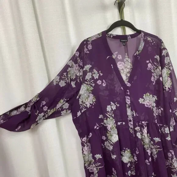 Torrid Purple Floral Chiffon Hi-Lo Tunic Blouse Sz.2 - Picture 8 of 14